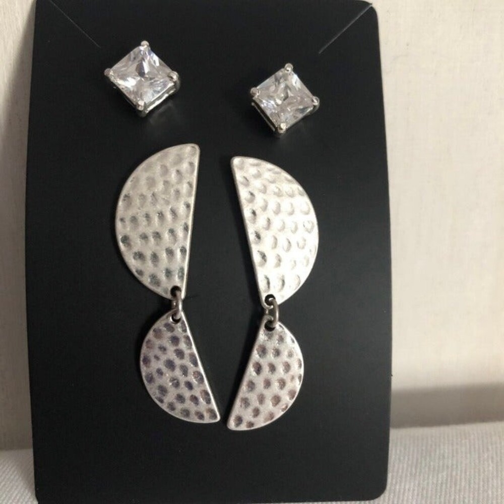 2 Pair Silver Tone Fashion Earrings Rhinestone Stamped Half Circle